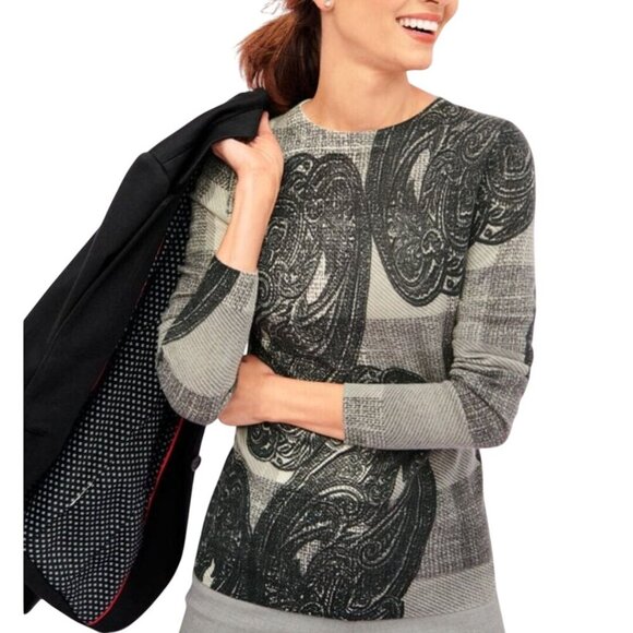 Talbots 100% Cashmere Gray Black Paisley Crewneck Sweater Size Lp - Picture 4 of 7
